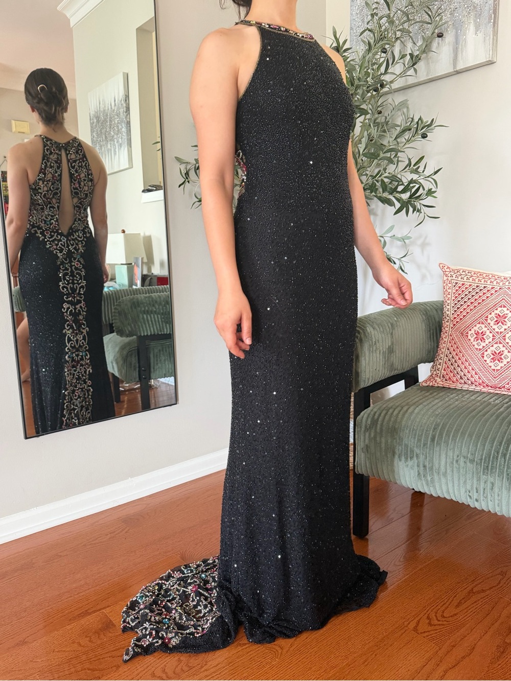 Sherri Hill Black Beaded Halter Mermaid Gown with Multicolor Embellished Back